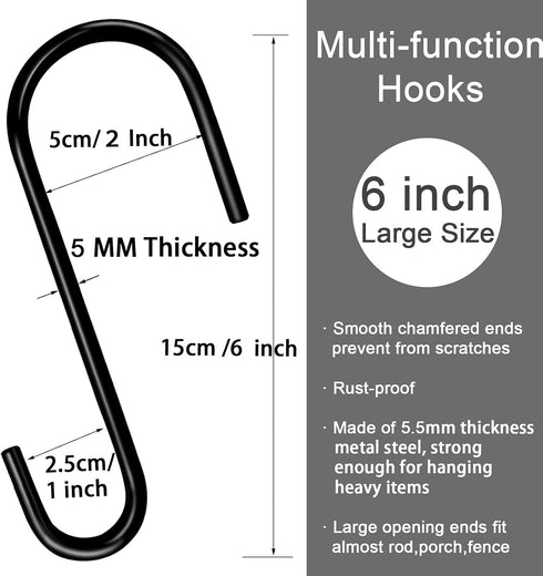 HiGift 6 Inches Large S Hooks Heavy Duty, Black S Shaped Fence Hanger Hooks for Hanging Plants,Wind Chimes,Gardening Tools,Lights,Pool Equipment,B...
