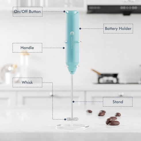 Powerful Milk Frother Handheld Foam Maker, Mini Whisk Drink Mixer for Coffee, Cappuccino, Latte, Matcha, Hot Chocolate, With Stand, Aqua...