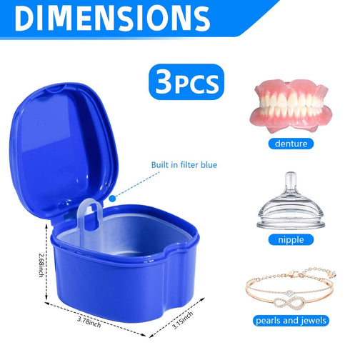 3 Pack Colors Denture Bath Case Cup Box Holder Storage Soak Container with Strainer Basket for Travel Cleaning (White, Blue, Light Blue)...