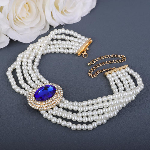 fxmimior Women Multilayer 1920s Green Blue Silver Rhinestone Necklaces Dainty Pearls Layered Choker Necklaces Fashion Chunky Pearls Pendant Multil...