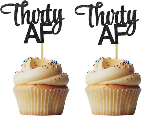 Morndew 24 PCS Black Glittery Thirty AF Cupcake Toppers for 30th Birthday 30th Anniversary Retirement Party Decorations...