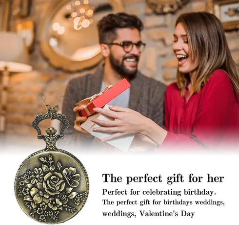BOSHIYA Retro Flower Openwork Cover Quartz Pocket Watch with Chain Half Hunter Pocket Watches for Women with Box, for Mother's Day...