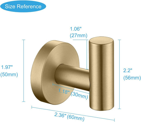 Brushed Gold Bathroom Towel Coat Hook Stainless Steel, 2 Pack Robe Clothes Cabinet Closet Sponges Hooks Holder Round Style Heavy Duty Wall Hook fo...