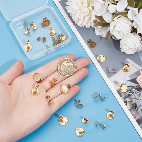 1 Box 36Pcs 3 Size Round Earring Posts Stainless Steel Stud Earring Findings with Loop Gold Hypoallergenic Blank with Butterfly Ear Back Flat Pad ...