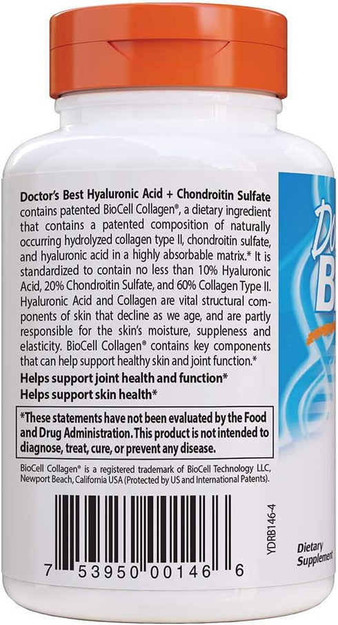 Doctor's Best Hyaluronic Acid with Chondroitin Sulfate, Non-GMO, Gluten Free, Soy Free, Joint Support, 60 Caps...