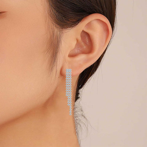 Boho Rhinestone Tassel Earrings Silver Long Crystal Chain Earrings Long Crystal Cz Drop Earrings Vintage Cz Tassels Chain Earrings Wedding Chandel...