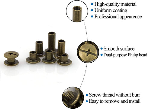 90 Sets Chicago Screws Assorted Kit 6 Sizes Bronze Leather Rivets 3/16(5mm) Screw Rivets Phillip Head Book Binding Posts Nail Rivet Chicago Bolts ...