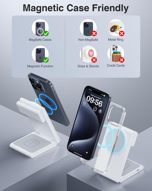 2024 Upgraded 3 in 1 Foldable Magnetic Wireless Charging Station with PD 20W USB-C Adapter, Compatible with MagSafe, Charger Stand for iPhone 15/1...