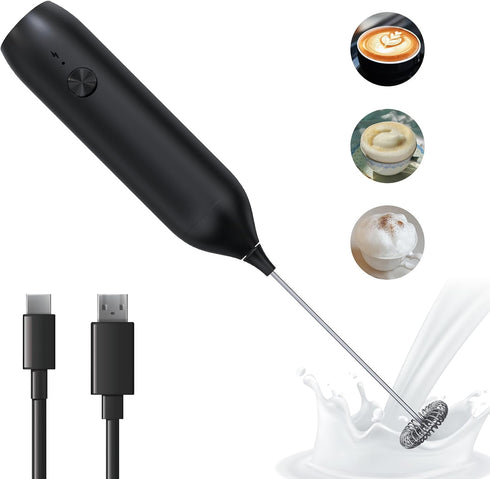 Electric Milk frother Handheld, 500mAh Type-C Rechargeable Mini Blender for Coffee, Hot Chocolate, Eggs, Juice, and more. Glossy Black Finish....
