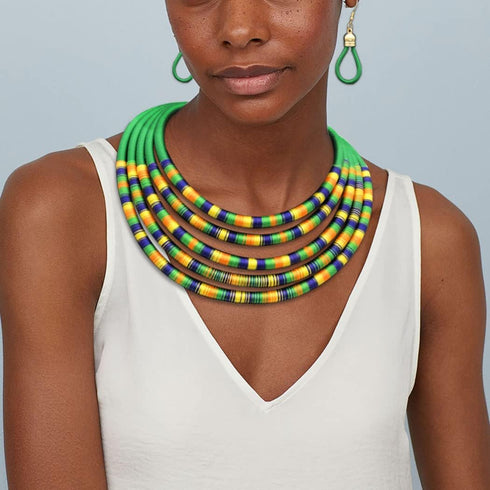 African Necklace Earrings Set Multilayer Woven Rope Choker Layered Strand Collar Statement Jewelry Accessories for Women and Girls...