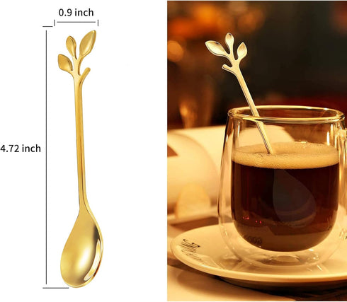 12 PCS Stainless Steel Gold Dessert Spoons, IFeico Coffee Spoons Set, 4.7 inch Ice Cream Leaf Spoon, Tea Demitasse Stirring Spoon for Family Parti...