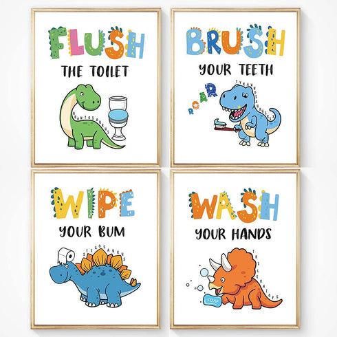Dinosaur Bathroom Decor, Funny Dinosaur Themed Bathroom Inspirational Quotes Art Print Humorous Quotes Painting, Set of 4 (8”X10”), Unframed...