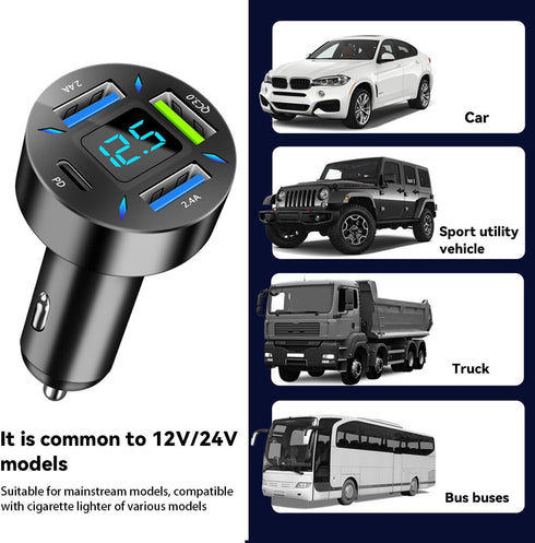 4 Ports USB Car Charger, 66W Super Fast Charging USB QC 3.0, USB Adapter Charger with LED Voltmeter for Car Cigarette Lighter Plug, Compatible wit...