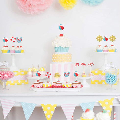 24Pcs Glitter Summer Beach Cupcake Toppers Pool Party Cupcake Picks For Hawaiian Theme Birthday Wedding Party Baby Shower Summer Luau Party Decora...