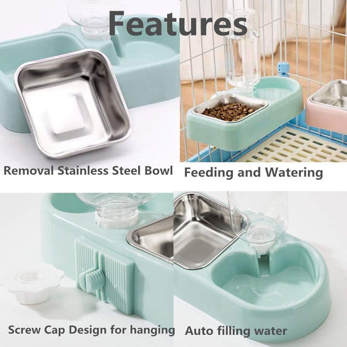 Cage Dual Bowl, Crate Hanging Double Dog Cat Bowls, Pet Water and Food Bowl Set with Automatic Water Dispenser Bottle Detachable Stainless Steel B...