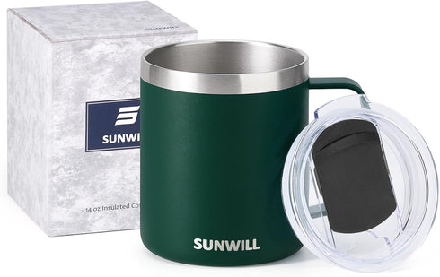 SUNWILL Travel Coffee Mug with Lid, Insulated Cup with Handle, 14 oz Stainless Steel Tumbler for Camping, Office, Outdoor, Powder Coated Forest Gr...