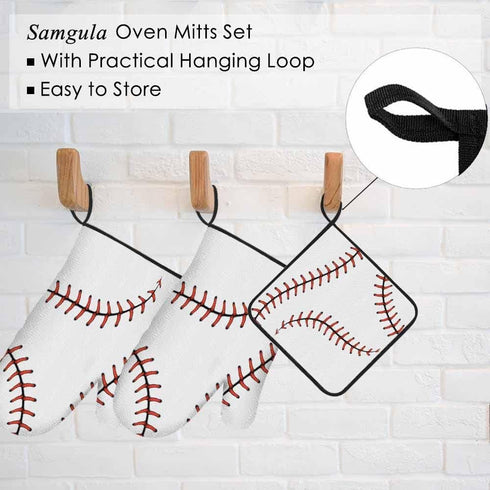 Baseball Stitches Oven Mitts and Pot Holders Sets Softball Laces Design Heat Resistant 3pcs for Cooking Baking BBQ...