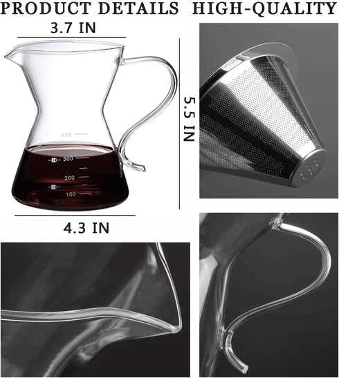 Pour Over Coffee Maker - Elegant Drip Coffee Maker with Reusable Stainless Steel Filter/Dripper, Lead-Free Borosilicate Glass Coffee Carafe for 1-...
