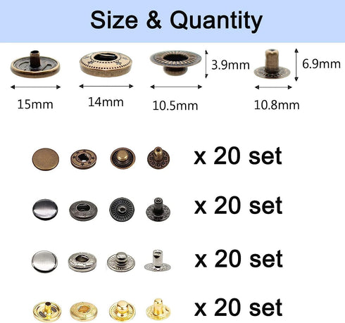 80 Sets Leather Snap Fasteners Kit, BetterJonny 15mm Metal Snap Buttons Heavy Duty Press Studs with 4 Setter Tools for Clothes Bracelet Jackets Je...
