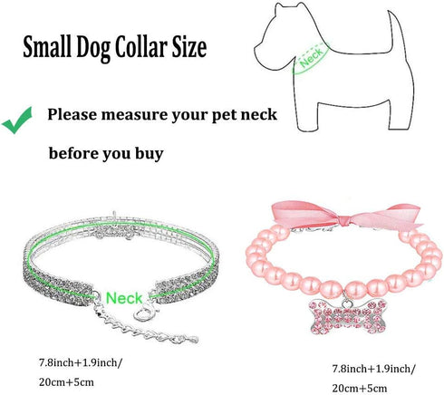 Rhinestones Dog Collar and Pearl Dog Necklace Set, Adjustable Neck Strap Bling Full Diamond Pearl Dog Collar for Small Cats Puppy for Birthday...