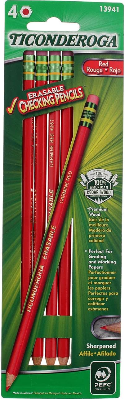 Ticonderoga Erasable Checking Pencils, Eraser Tipped, Pre-Sharpened, Red, 4 Pack (2 pencils per Pack) (13901)...