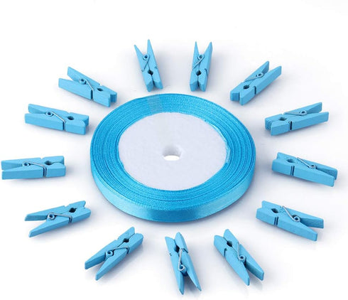 jijAcraft 100Pcs Clothespins with Ribbon, 1.4Inch Wooden Clothes Pins with 25Yds Blue Ribbon, Blue Photo Clips, Small Baby Shower Decor Clips, Cra...