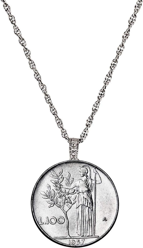 American Coin Treasures Italian Lire Coin Pendant Necklace - L.100 Jewelry Lira Coin from Italy for Collectors with Silvertone Chain & Lobster Cla...