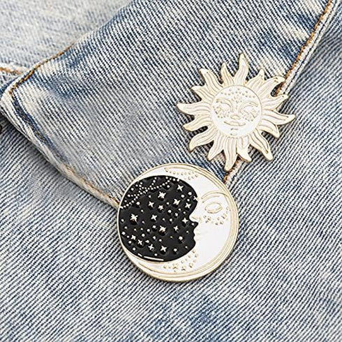 2Pcs Fashion Enamel Starry Sky Moon Brooch Pin and White Enamel Sun Brooch Pin Collar Badge Corsage Jewelry Women...