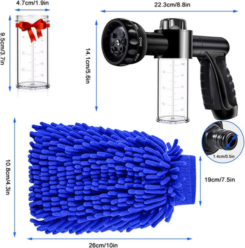 Car Wash Nozzle, Willcrew High Pressure Hose Nozzle Sprayer 8 Way Patterns Hose Soap Sprayer with 2 X 3.5oz 100cc Soap Dispenser and Washing Mitt ...