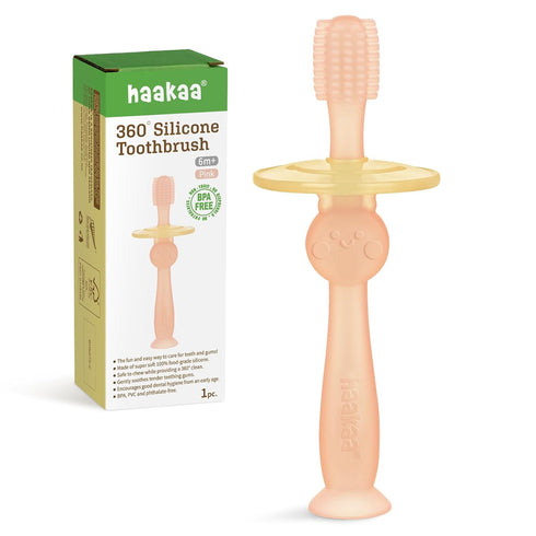 haakaa 360° Baby Toothbrush with Suction Base - Gentle Cleaning for Toddler's Self-Brushing Training, Food-Grade Silicone, Adjustable Safety Shiel...