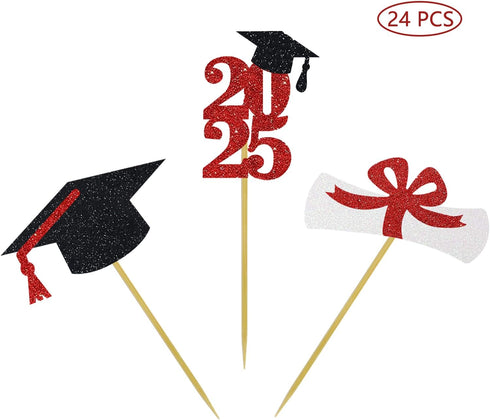 Glitter Graduation Cupcake Toppers Red Party Decorations Class of Congrats Cake Picks Supplies 24 Pack...