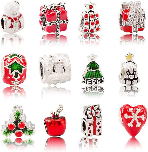 Christmas Bracelet Beads,Assorted Xmas Enamel Spacer Bead Charm for DIY Jewelry Making Findings(12pcs)...