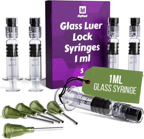 5 Pack Borosilicate Glass Luer Lock Syringe 1ml Capacity Reusable Glass Syringes - Use for Arts and Crafts, Thick Liquids, Oils, Vet, Glue, Lab, I...