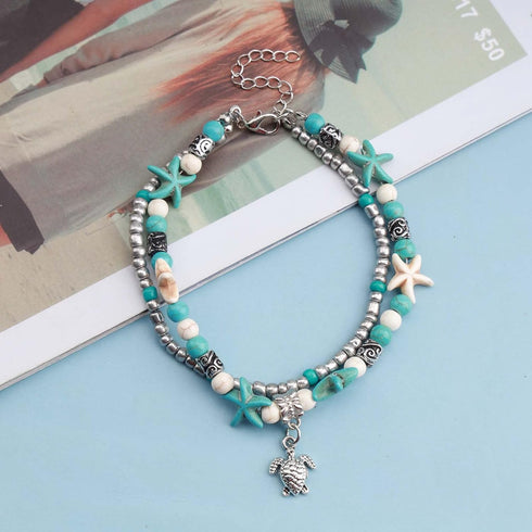 Boho Starfish Anklet Bracelet Sea Turtle Turquoise Chain Anklet Layered Turtle Pendant Ankle Bracelets Beach Blue Beads Foot Chain Jewelry for Wom...