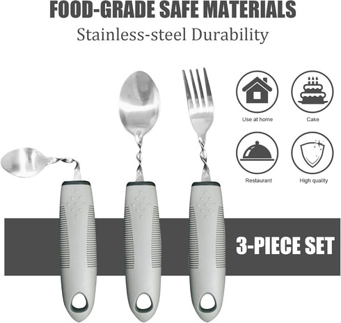 Adaptive Utensils (3Piece Kitchen Set), Right Handed Curved Spoon and Fork, Non-Slip Handles for Hand Tremors, Arthritis, Parkinson's Elderly use ...