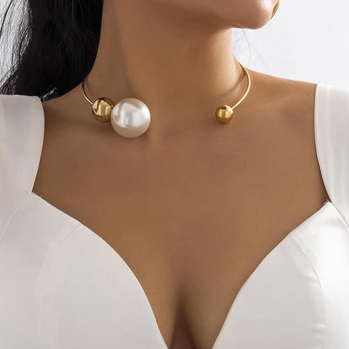 Metal Pearl Open Choker Necklace Adjustable Gold Pearl Choker Necklaces for Women Round Open Cuff Necklace Elegant Cuff Collar Necklace Statement ...
