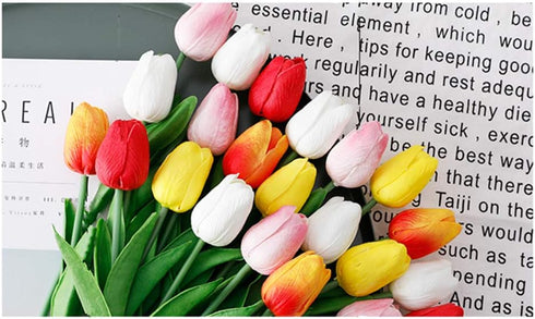 Artificial PU Tulips 10Pcs Real Touch Fake Flower Arrangement Bouquets for Home Office Wedding Decoration (Pink)...
