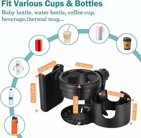 Zooawa Stroller Cup Holder with Phone Holder, 3-in-1 Removable Bottle Holder, 360 Degrees Rotation Drink Holder, Univeral Baby Bottle Organizer fo...