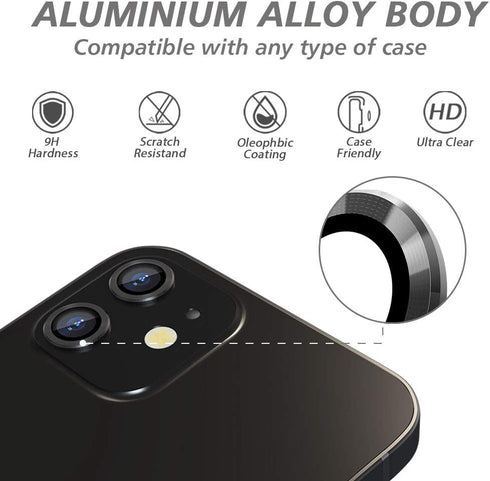 CloudValley Camera Lens Protector for iphone 12/12 Mini / 11, Tempered Glass Film, Aluminum Alloy Screen Cover, 2 Pack Black, with Cleaning Kit......