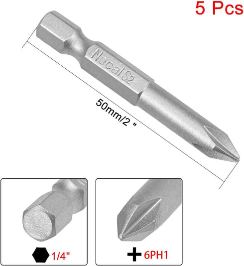 uxcell 5 Pcs 6mm PH1 Magnetic Phillips Screwdriver Bits, 1/4 Inch Hex Shank 2-inch Length S2 Power Tool...