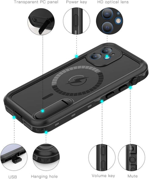 Waterproof Case for iPhone 12 Selected Waterproof IP68 Certified with Kickstand, Compatible with Magsafe Case Bulit-in Protector Shockproof Snowpr...