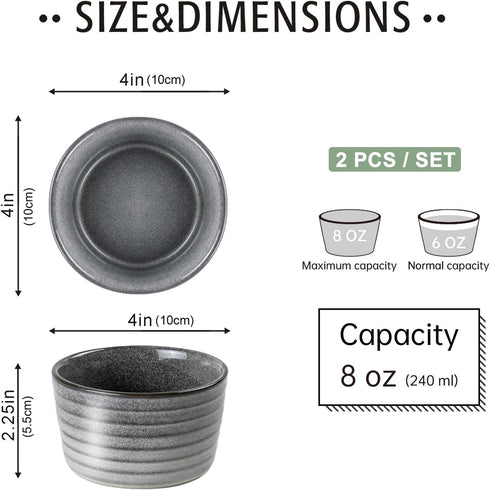 UNICASA Ramekin Set of 2, 8 oz Creme Brulee Ramekins, Oven Safe Baking Set for Custard, Pudding, Souffle Cups, Reactive Gray...