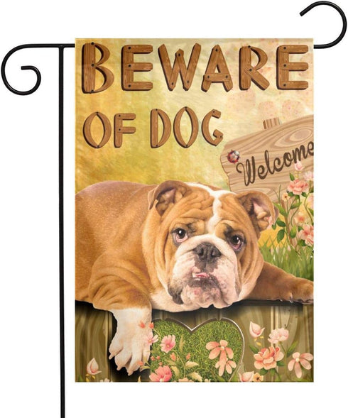 Lazy English Bulldog Garden Flag - Beware of Dog House Flags Double-sided Welcome Home Flag Dogs Yard flags Small Yard Patio Lawn Decor 12 x 18 In...