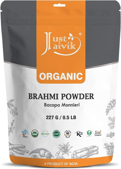 Just Jaivik 100% Organic Brahmi Powder Bacopa Monnieri- USDA Certified Organic, 227 GMS / 1/2 LB Pound / 08 Oz...