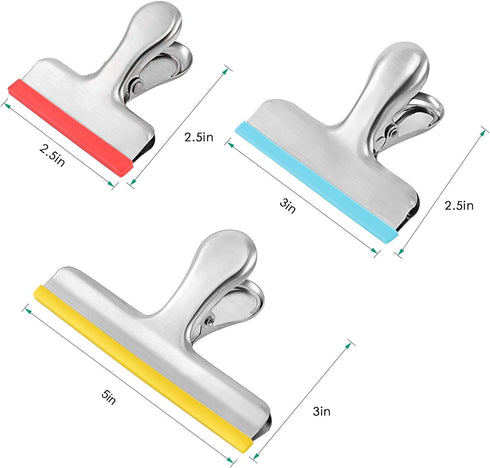 HOUSE AGAIN 12 Pack 3 Sizes Stainless Steel Chip Bag Clips Covered with Silicone - NO More Sharp Edges - Air Tight Seal Bag Clips, 5 Inches, 3 Inc...