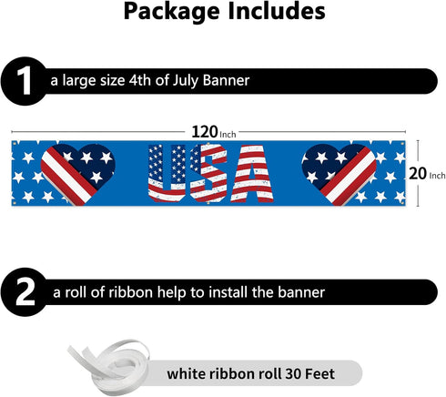 Probsin Large 4th of July Banner 120"x20" Decorations Independence Day Yard Sign Patriotic Hanging Decor American Hearts USA Party Supplies for In...