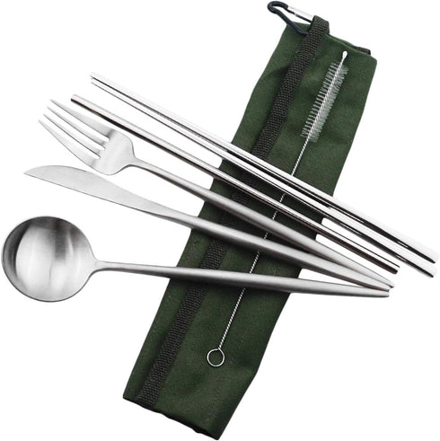 Reusable Travel Utensils, 7 Pieces Portable 18/10 Stainless Steel include Knife Fork Spoon Chopsticks Cleaning Brush Straws Portable Pouch, Eco-fr...