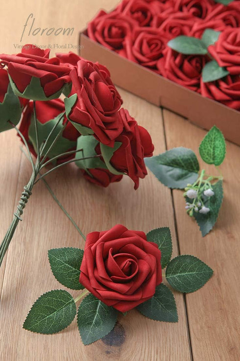 Floroom Artificial Flowers 25pcs Real Looking Dark Red Foam Fake Roses with Stems for DIY Wedding Bouquets Bridal Shower Centerpieces Party Decora...
