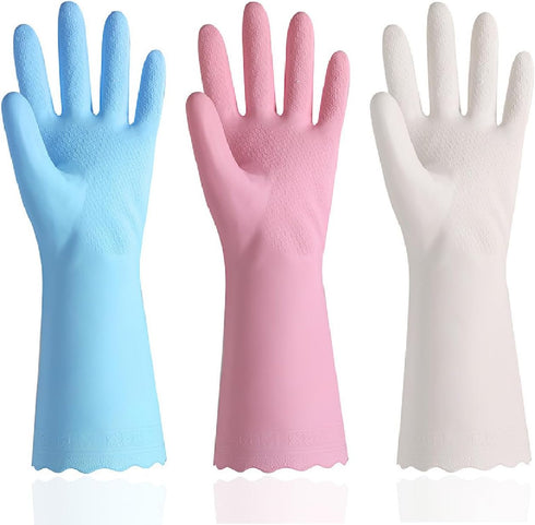 KINGFINGER Household Cleaning Gloves, 3 Pairs Reusable Rubber Gloves Cleaning, Latex Free Dishwashing Gloves, Flocked Cotton Liner, Water Resistan...