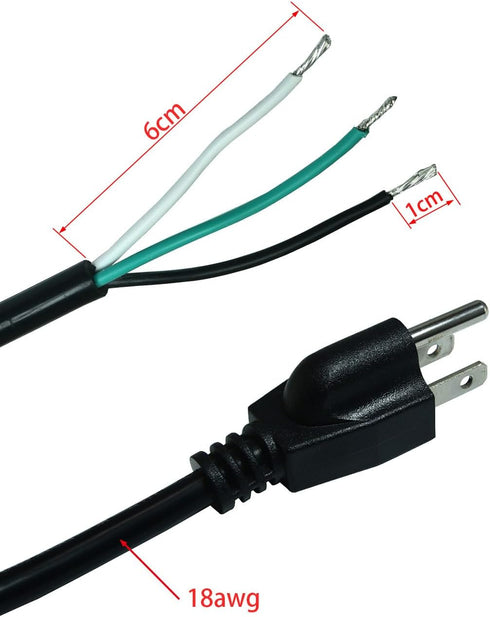 10FT 18 Gauge 3 Prong AC Power Cord Cable with ON/OFF Switch, Pigtail (Open End Wiring), NEMA 5-15 Plug SJTW 18AWG 10A125VAC...